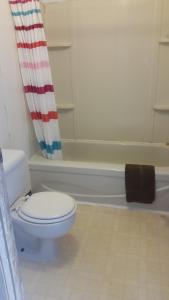 a bathroom with a toilet and a shower curtain at Rimbey Motor Inn in Rimbey