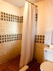 a bathroom with a shower curtain and a toilet at Hotel Las Palmas in San Felipe