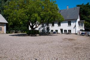 uma grande casa branca com uma árvore em frente em Skelstrupgaard Apartments em Maribo