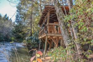 蓝岭A Tumblin` Run的河边树林中的树屋