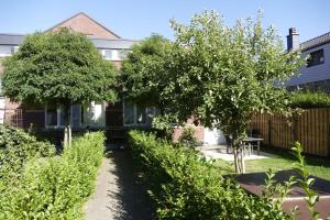 a garden with trees and bushes in front of a house at De Oude School in Visé