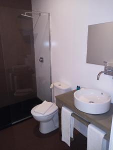 a bathroom with a toilet and a sink at Sao Vicente Lodge - Atlantic Retreat in São Vicente Ferreira