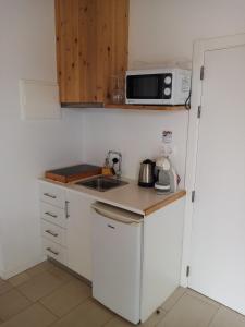 a small kitchen with a sink and a microwave at Sao Vicente Lodge - Atlantic Retreat in São Vicente Ferreira