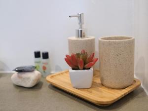a counter with two vases and a plant on a cutting board at Sao Vicente Lodge - Atlantic Retreat in São Vicente Ferreira