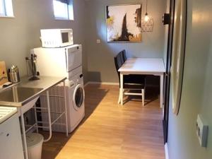 a kitchen with a refrigerator and a table with a washing machine at 4Stay Vislanda Sauna in Vislanda