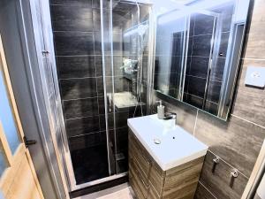 a bathroom with a sink and a shower at Eco-Appart'hôtel Rouen -- JDP in Rouen