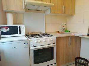 a kitchen with a white stove and a microwave at Смарт-квартира на Юності in Vinnytsya +2 photos