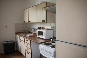 eine Küche mit einem Herd und einer Mikrowelle in der Unterkunft Abels Appartements in Bochum