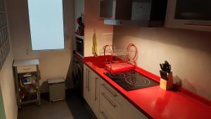 uma cozinha com uma bancada vermelha e um fogão em Moderno apartamento en el parque de cabecera em Valência