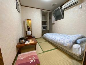 ein Hotelzimmer mit einem Bett und einem TV in der Unterkunft Asakusa Ryokan Toukaisou in Tokio