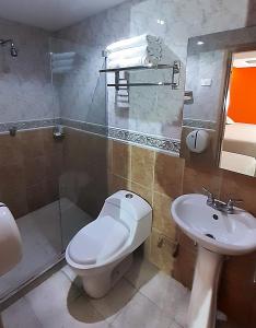 a bathroom with a toilet and a sink at Hotel Plaza 43 in Barranquilla
