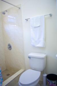a bathroom with a toilet and a shower with towels at Ocho Rios Premier 2 Bedroom Villa at Drax Hall in Mammee Bay +5 photos