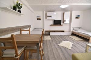 a living room with a table and a couch at Work & Stay Troisdorf in Troisdorf