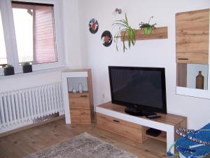 uma sala de estar com uma televisão de ecrã plano sobre uma mesa em Salaš-dům pro společnou dovolenou až 14 osob em Salaš