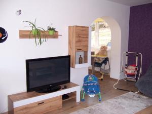a living room with a flat screen tv on a table at Salaš-dům pro společnou dovolenou až 14 osob in Salaš