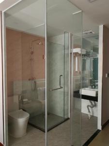 西哈努克PACI Hotel&SPA的浴室设有玻璃淋浴间、卫生间和水槽。