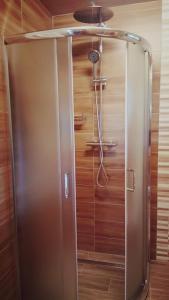 a shower with a glass door in a bathroom at Willa Wiktoria in Zawoja