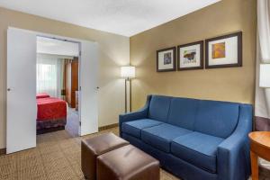 a living room with a blue couch and a bed at Comfort Suites Oakbrook Terrace near Oakbrook Center in Oakbrook Terrace