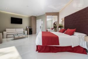 a large bedroom with a large bed with red pillows at Los Arcos in Nerja