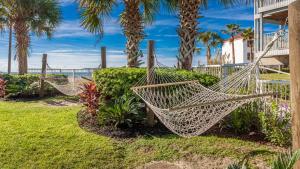 Holiday Inn Express Orange Beach - On The Beach, an IHG Hotel في شاطئ أورانج: صف من الأراجيح في ساحة بها أشجار النخيل