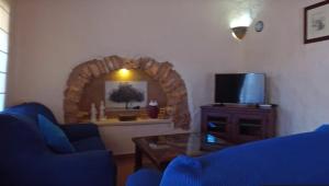un salon avec un canapé bleu et une télévision dans l'établissement Mirabo ramonet, à Caʼs Concos