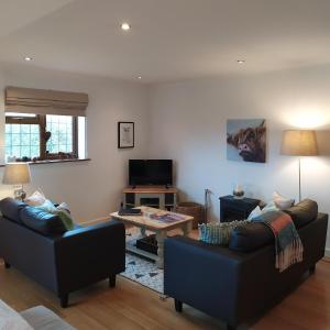 a living room with two couches and a table at The Annexe, Mockbeggar in Ringwood