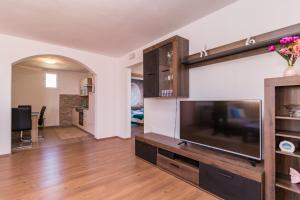 a living room with a large flat screen tv at Selina Ferienwohnung in Loborika