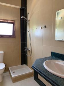 a bathroom with a sink and a toilet and a shower at Sea Soul Hotel in Dahab