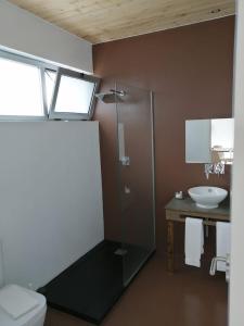 a bathroom with a glass shower and a sink at Sao Vicente Lodge - Atlantic Retreat in São Vicente Ferreira