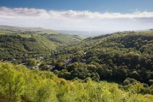 an aerial view of a valley with trees at Swanfold in Hebden Bridge