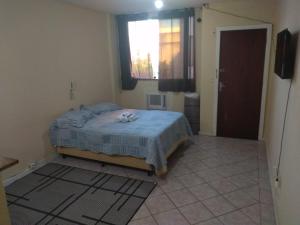 a bedroom with a bed and a window and a door at Apto no Centro in Campos dos Goytacazes