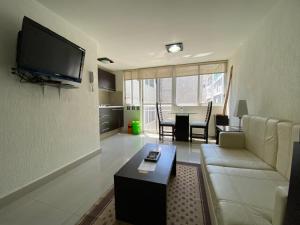 a living room with a couch and a tv on a wall at Grupo Kings Suites - Monte Chimborazo 567 in Mexico City