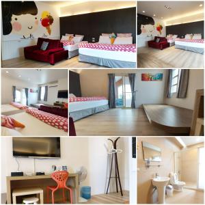 kolaż zdjęć pokoju z łóżkami i meblami w obiekcie ChaoPingJia Homestay w mieście Luodong
