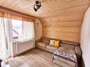 un salon avec un canapé et une fenêtre dans l'établissement Apartmaji Pavc, à Bohinj