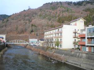 a river in a city with a bridge and buildings at Kiso Mikawaya in Kiso