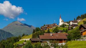 eine kleine Stadt auf einem Hügel mit einer Kirche in der Unterkunft Alpengasthof Pichler in Sankt Veit in Defereggen