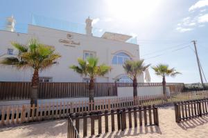 un bâtiment blanc avec des palmiers devant lui dans l'établissement Golden Beach Guest House & Rooftop Bar, à Faro