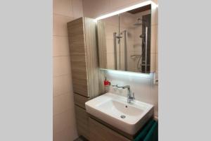 a bathroom with a sink and a mirror at Ferienhaus Großalber in Maria Neustift