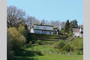 una casa sentada en la cima de un exuberante campo verde en Ferienwohnung Alpaka Blick, en Schneppenbach