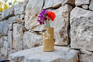 a vase filled with flowers sitting on a rock at Apartments Felix in Babino Polje