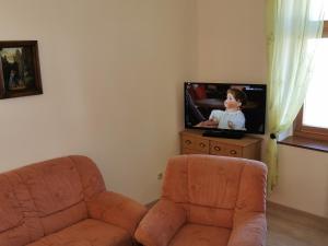 sala de estar con sofá y TV en Ferienwohnung "Zur Kleinbahn" en Zittau