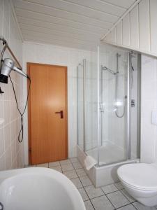 a bathroom with a shower and a toilet and a sink at Ferienwohnungen Georg Andre Söhne in Ernst