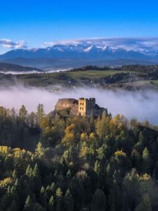 een oud kasteel op een heuvel met mist in de vallei bij Eco Active Resort PIENINY in Czorsztyn