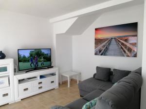 sala de estar con sofá y TV de pantalla plana en VILLA DIPLOMADO (RELAX EN EL PARAISO), en Es Mercadal
