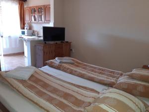 two beds in a room with a television on a dresser at Rózsakert Apartmanház in Hajdúszoboszló