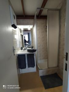 a bathroom with a shower and a sink with towels at Logement 88 2-4 Personnes 500 m plage classé 2 étoiles in Dolus d'Oléron