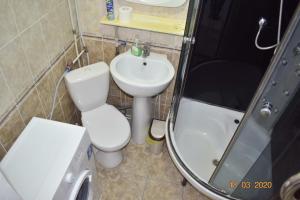 La salle de bains est pourvue de toilettes, d'un lavabo et d'un miroir. dans l'établissement 1 комнатные апартаменты на Ауэзова 236, à Kökşetaw