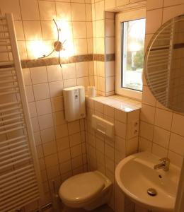 a bathroom with a toilet and a sink and a window at Ferienhaus Ainsen in Bad Füssing