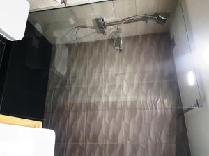 uma casa de banho com uma cortina de chuveiro em Charmant appartement style Canut Pentes Croix Rousse em Lyon