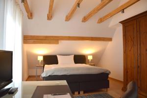 a bedroom with a bed and a desk and a tv at Gästehaus No. 3 in Simmern